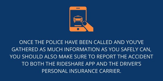 report the accident to both the rideshare app and the driver’s personal insurance carrier